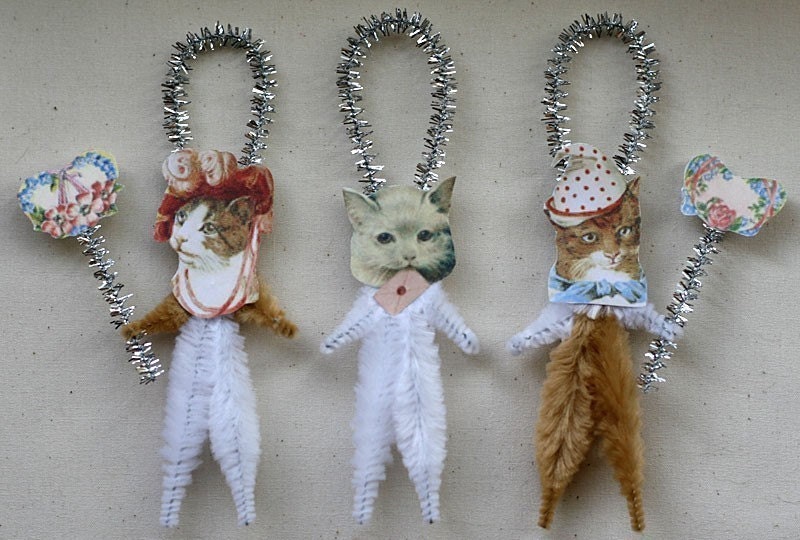 Romantic Chenille Cat Ornaments - Set of 3