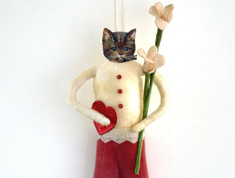 Valentine Decoration - Valentine Cat Spun Cotton Ornament - Made to Order