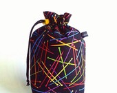 Drawstring Bag, Padded Knitting Project Bag - Knitting Needles on black