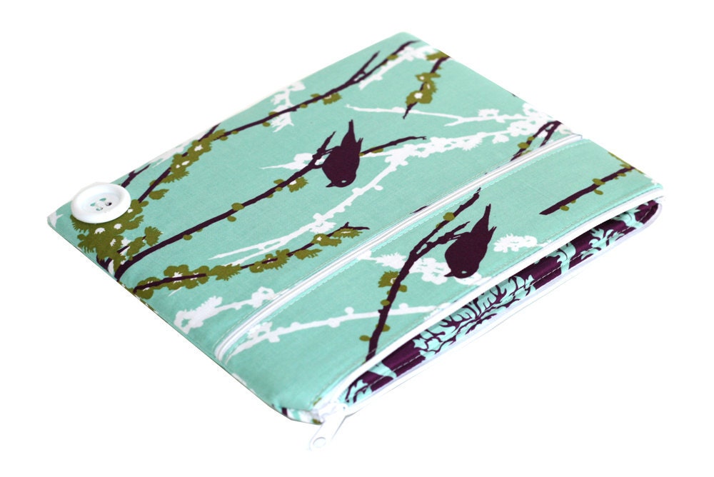CLEARANCE iPad Case, iPad Sleeve, iPad Cover, PADDED, Zippered Aqua and Purple Sparrows