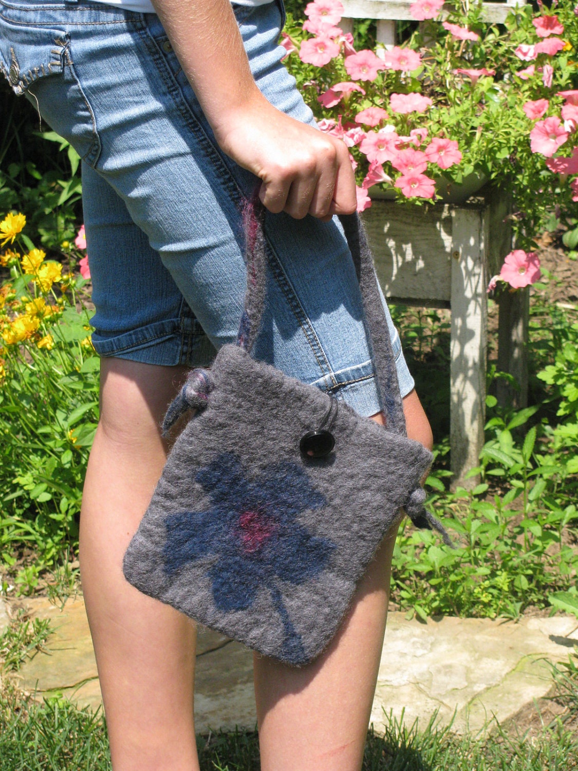 Hand Felted Wool Purse- Charcoal Gray with Teal Flower-Winter fashion accessory for women and teens