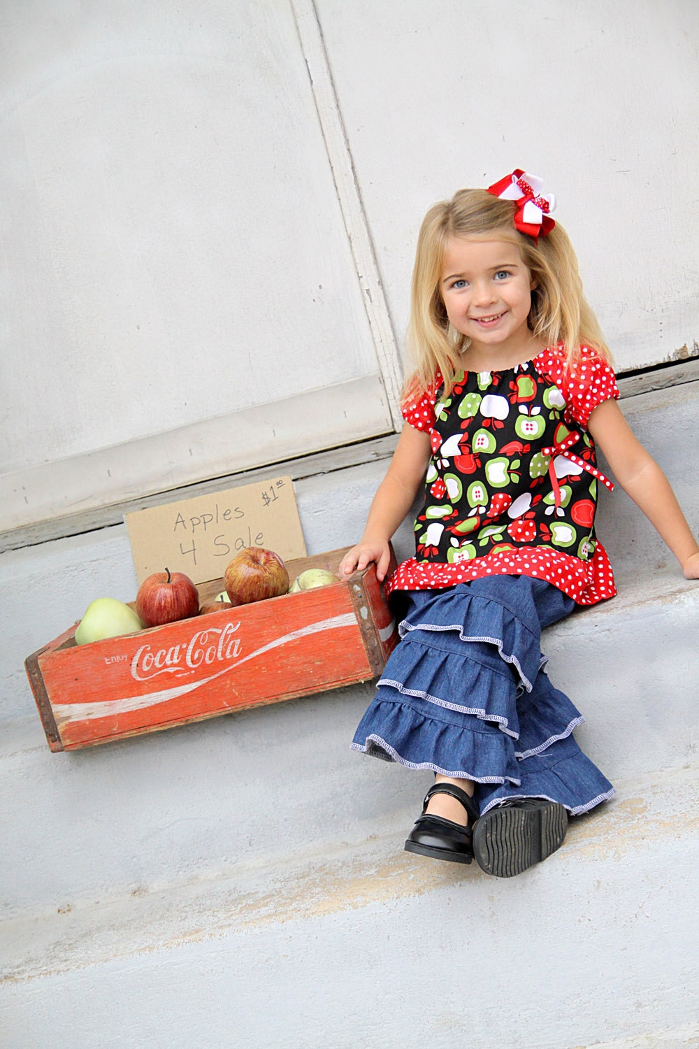 Triple Ruffle Denim Pants and Apple Peasant Top Set