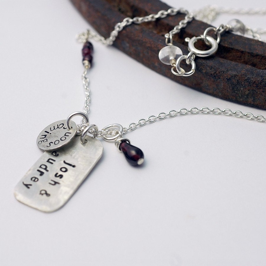 Mom Necklace - Dog Tag - Handstamped Custom Personalized - WIre Wrapped Gemstone Birthstone Accent - Mom Grandma Gift