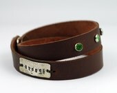 Handcrafted Leather Wrap Bracelet - Custom personalized handstamped - Sterling Silver - Brown Leather - Bling Accent