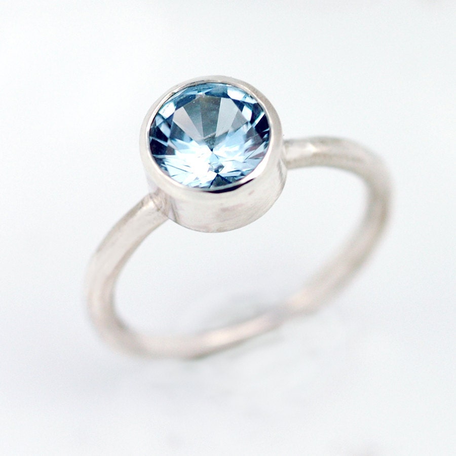 Brilliant Aquamarine Ring -  Recycled Sterling Silver - March birthstone - 8mm Blue gemstone - Alternative Engagement Ring
