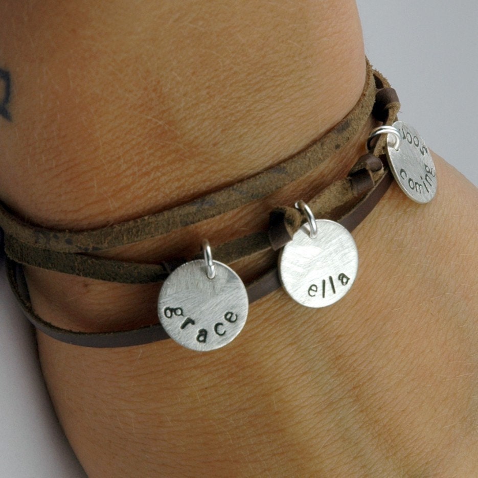 Mom Bracelet - personalized - Leather Wrap Bracelet - Handstamped Jewelry for Mom - EcoFriendly Recycled Silver - for the Hip Mom