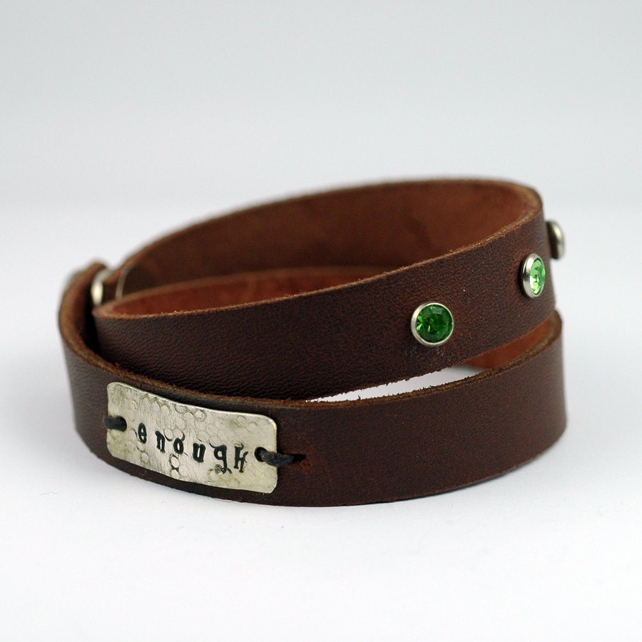 Handcrafted Leather Wrap Bracelet - Custom personalized handstamped - Sterling Silver - Brown Leather - Bling Accent