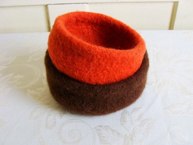 SALE 35% OFF Set of 2 Felted Wool Bowl - Brown and Orange