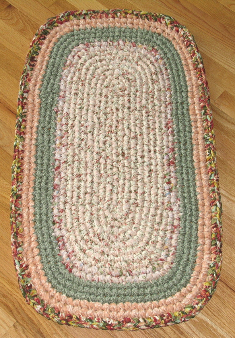 Hand Crocheted Oval Rag Rug / Main Colors: Peach and Green
