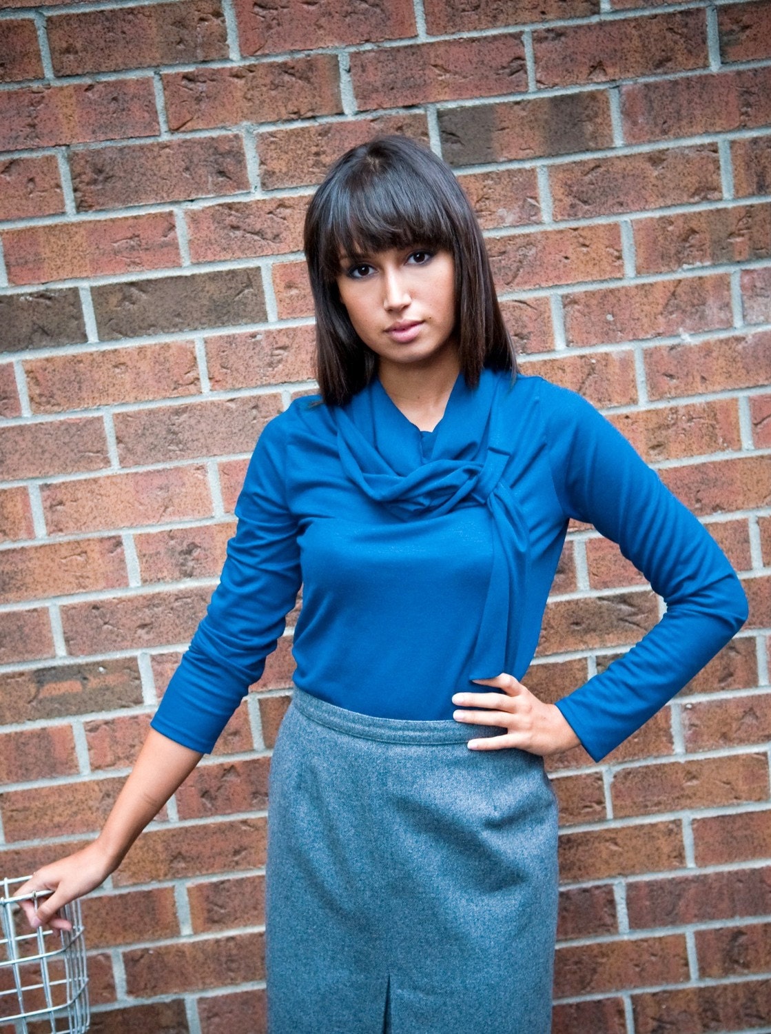 Victoria long sleeve top - women's fall fashion - wraparound turtleneck shirt in dark blue rayon jersey