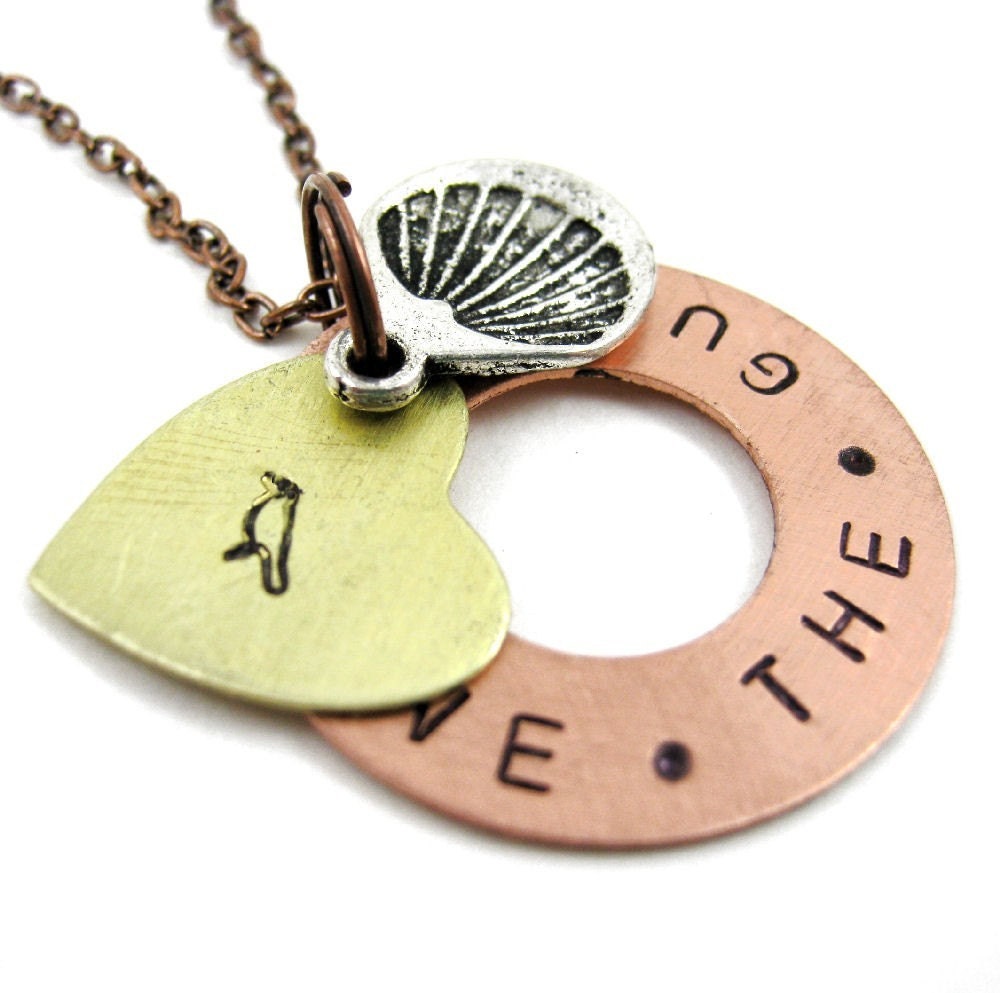 Save the Gulf Copper Washer Necklace Hand Stamped Brass Heart with Bird and Seashell Charm