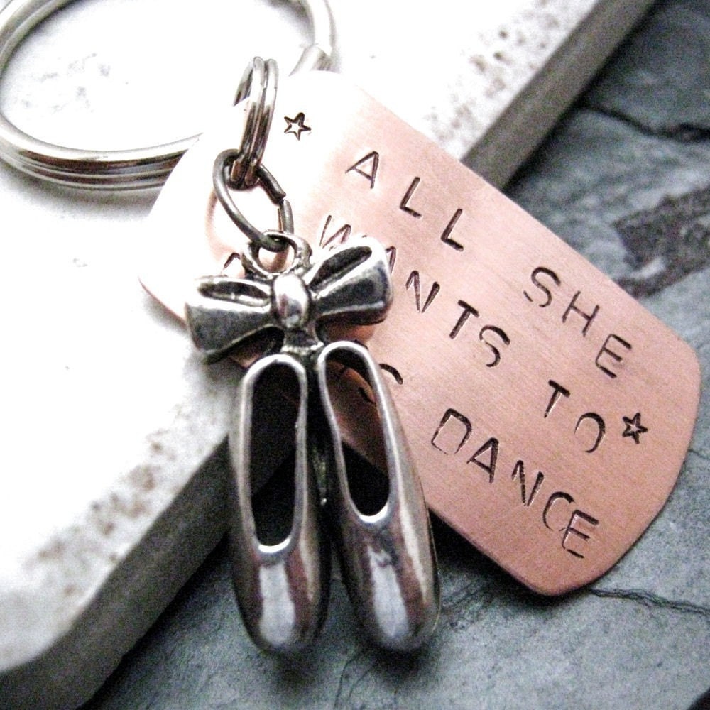 All She Wants To Do Is Dance Key Chain, hand stamped with ballet slippers charm, swivel lobster clasp avail in lieu of split ring - riskybeads