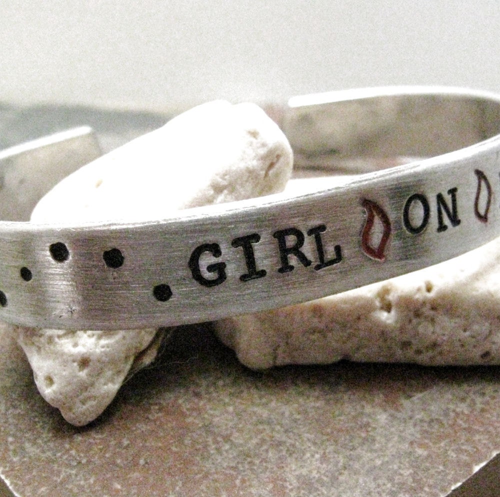 Girl On Fire Bracelet, colored custom aluminum cuff approx 3/8 inch wide, customizable, MADE TO ORDER, hunger games inspired