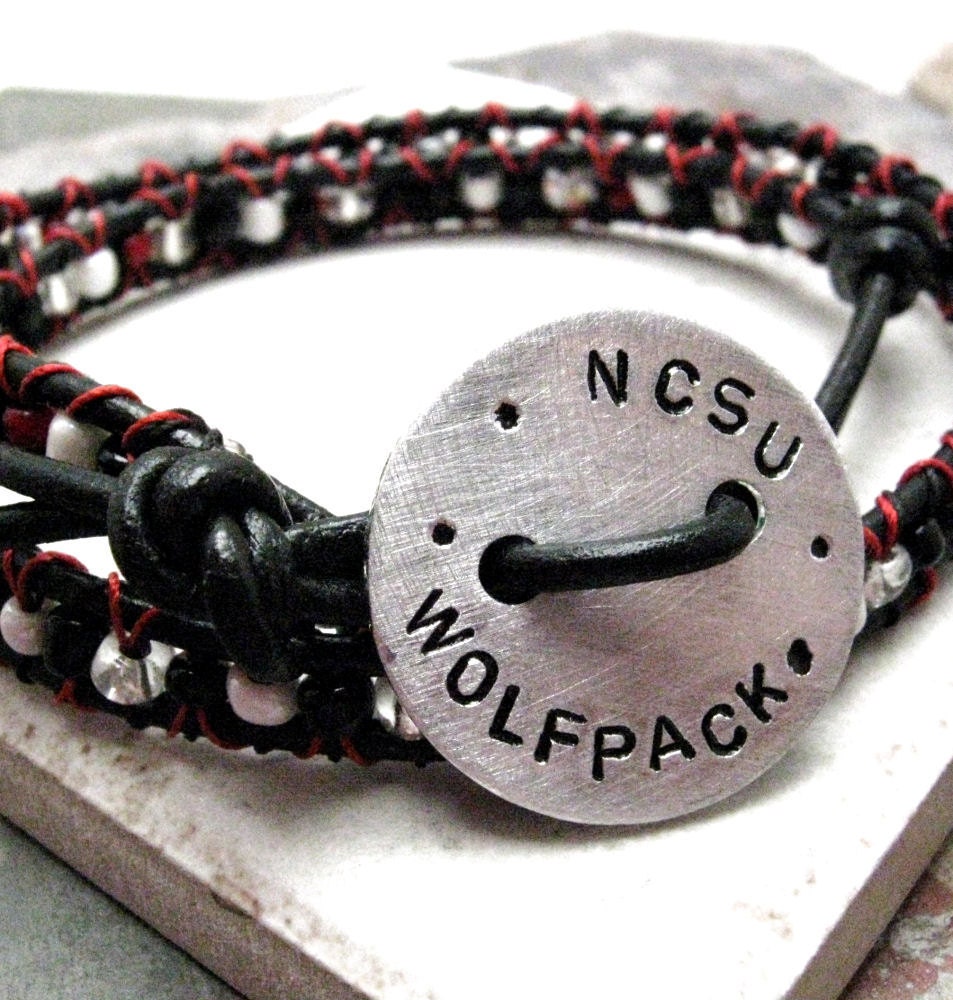SALE NCSU Wolfpack Double Wrap Beaded Leather Bracelet, Personalized Button, ready to ship as is, great gift for him, too