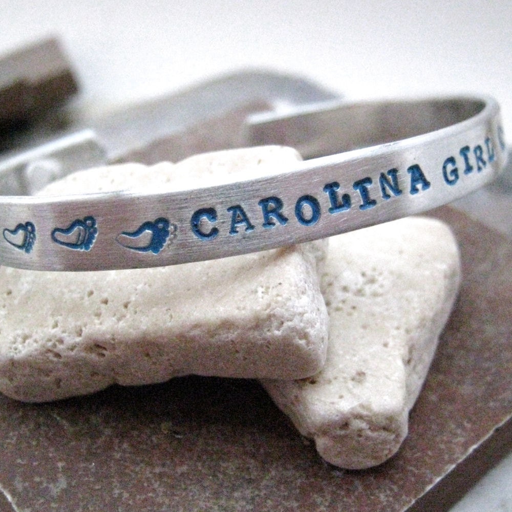 Carolina Girl aluminum cuff bracelet in aqua, tarheels, unc chapel hill, ready to ship in a 6 inch cuff, women, men