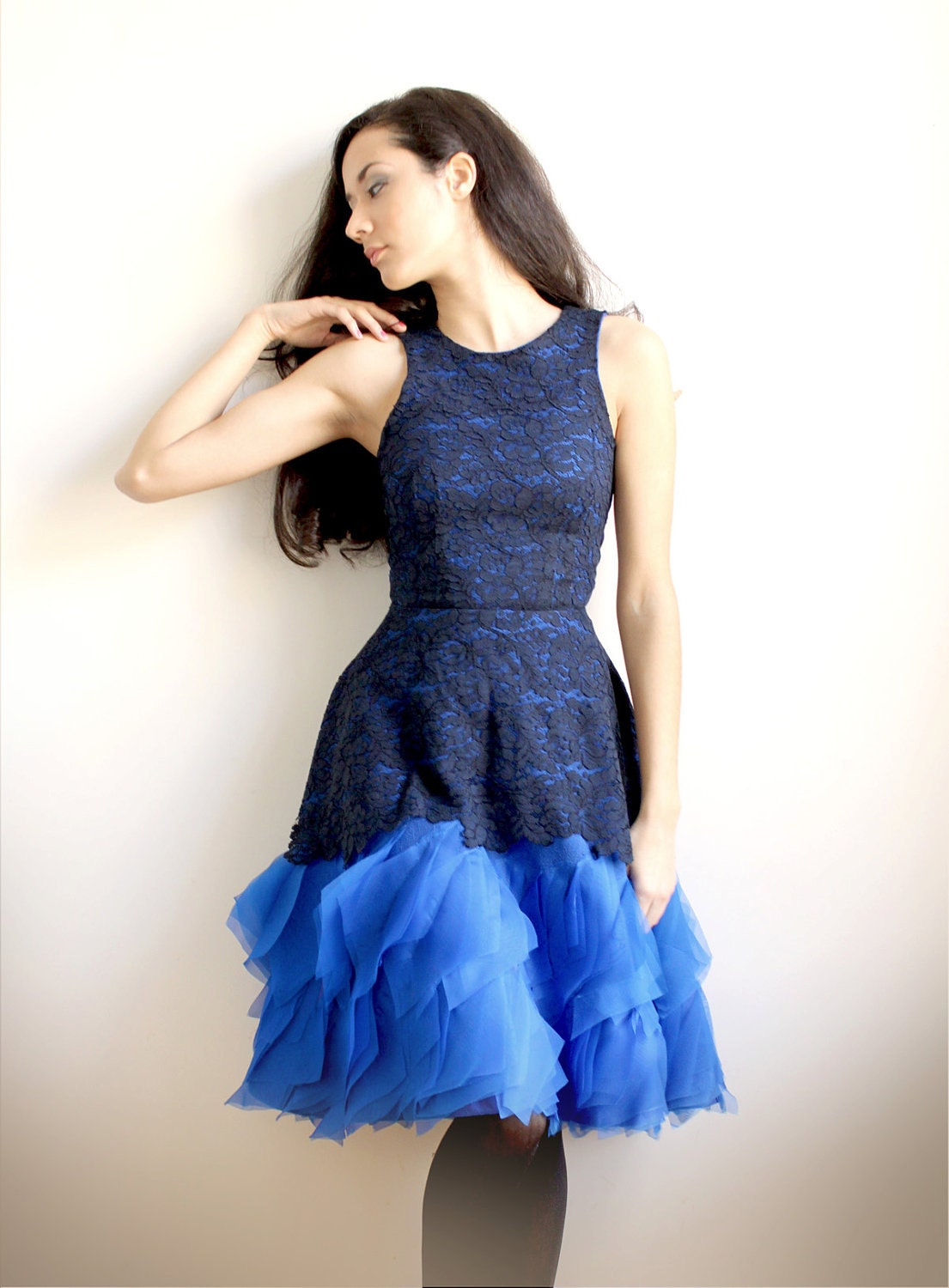 Annabeth - Sample Sale Navy lace and royal blue silk organza dress