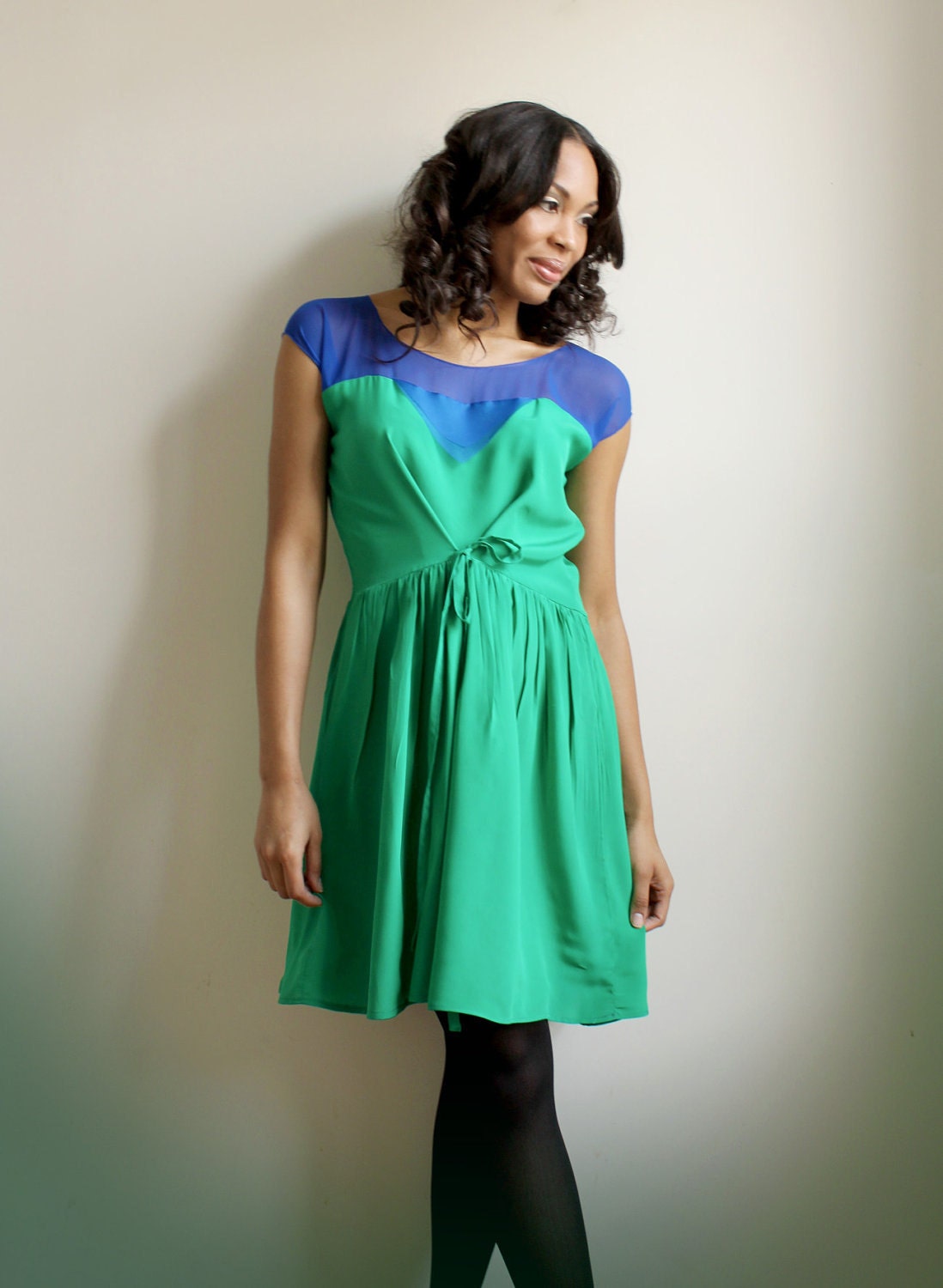Sylvana- green silk and royal blue silk chiffon dress -sample sale