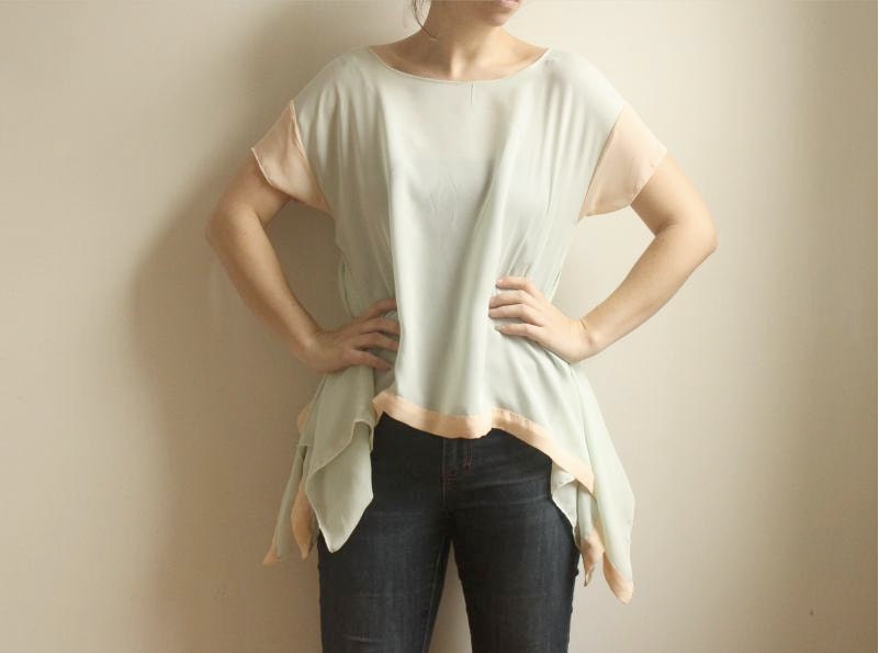 Gayle--Peach and Seafoam Silk Georgette Blouse--SALE
