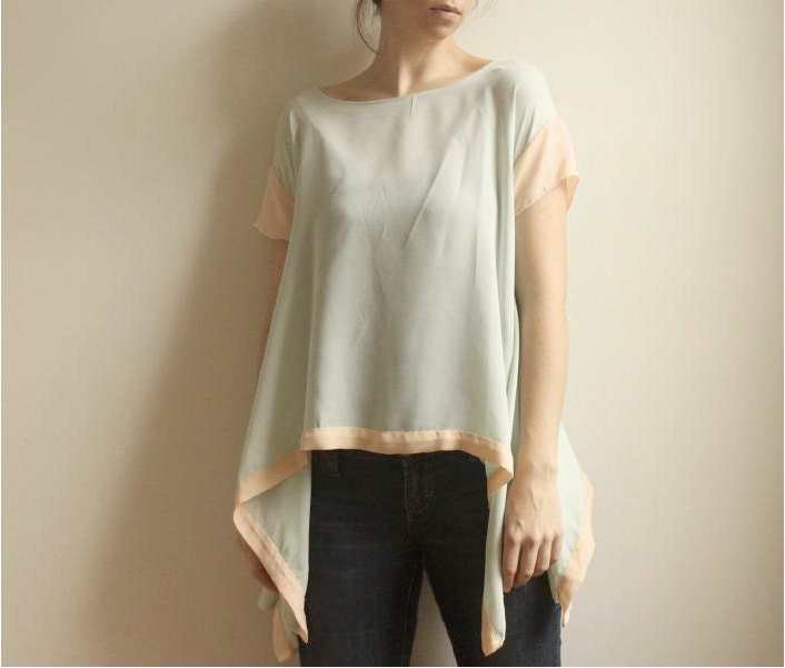 Gayle--Peach and Seafoam Silk Georgette Blouse--SALE
