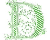 Hand drawn monogrammed print, 8x10, the Letter D, in the color green