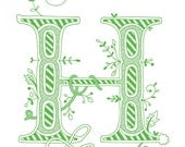 Hand drawn monogrammed print, 8x10, the Letter H, in the color green