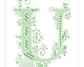 Hand drawn monogrammed print, 8x10, the Letter U, in the color green