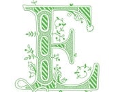 Hand drawn monogrammed print, 8x10, the Letter E, in the color green