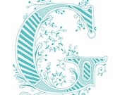 Hand drawn monogrammed print, 8x10, the Letter G, in the color blue