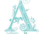 Hand drawn monogrammed print, 8x10, the Letter A, in the color blue