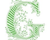 Hand drawn monogrammed print, 8x10, the Letter G, in the color green