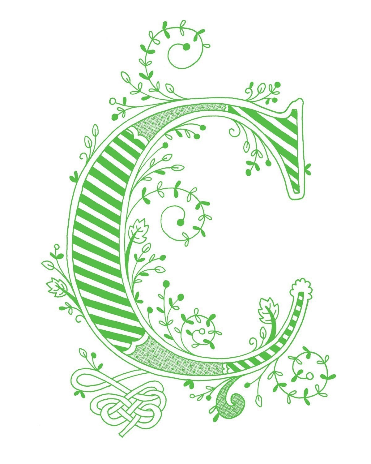 Hand drawn monogrammed print, 8x10, the Letter C, in the color green