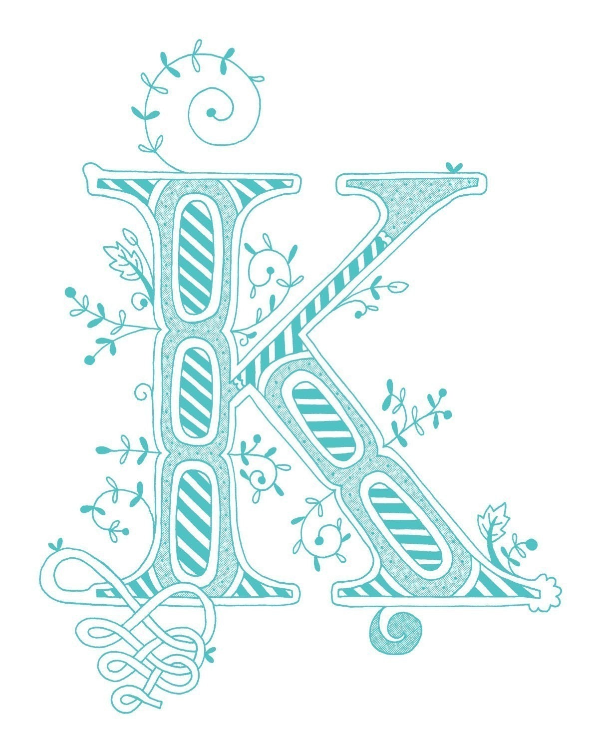 Hand drawn monogrammed print, 8x10, the Letter K, in the color blue