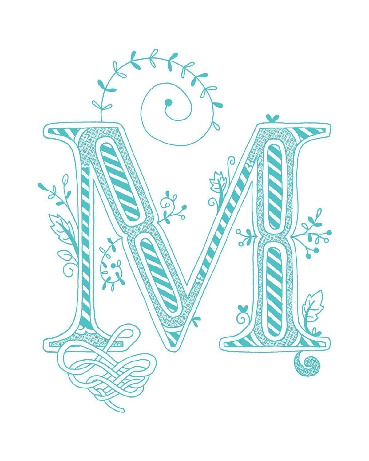 Hand drawn monogrammed print, 8x10, the Letter M, in the color blue