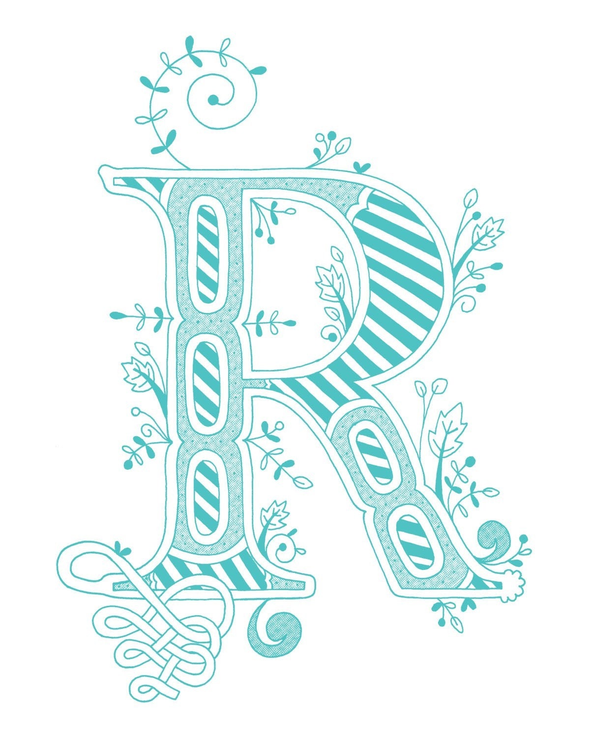 Hand drawn monogrammed print, 8x10, the Letter R, in the color blue