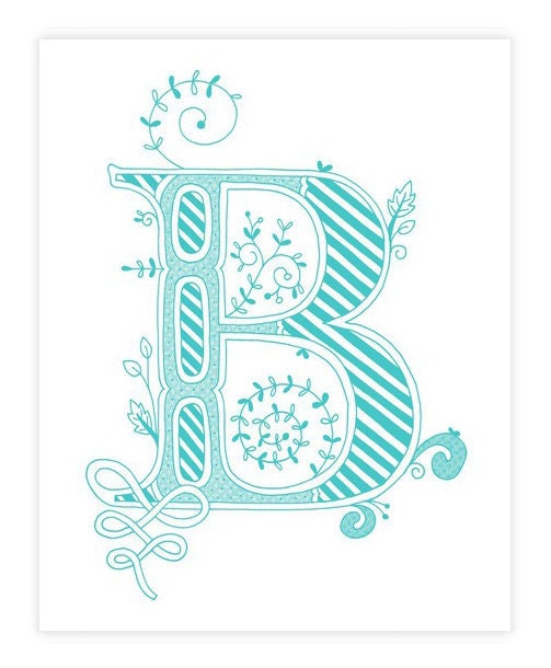 Hand drawn monogrammed print, 8x10, the Letter B, in the color blue
