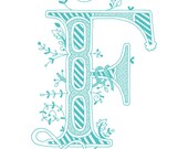 Hand drawn monogrammed print, 8x10, the Letter F, in the color blue