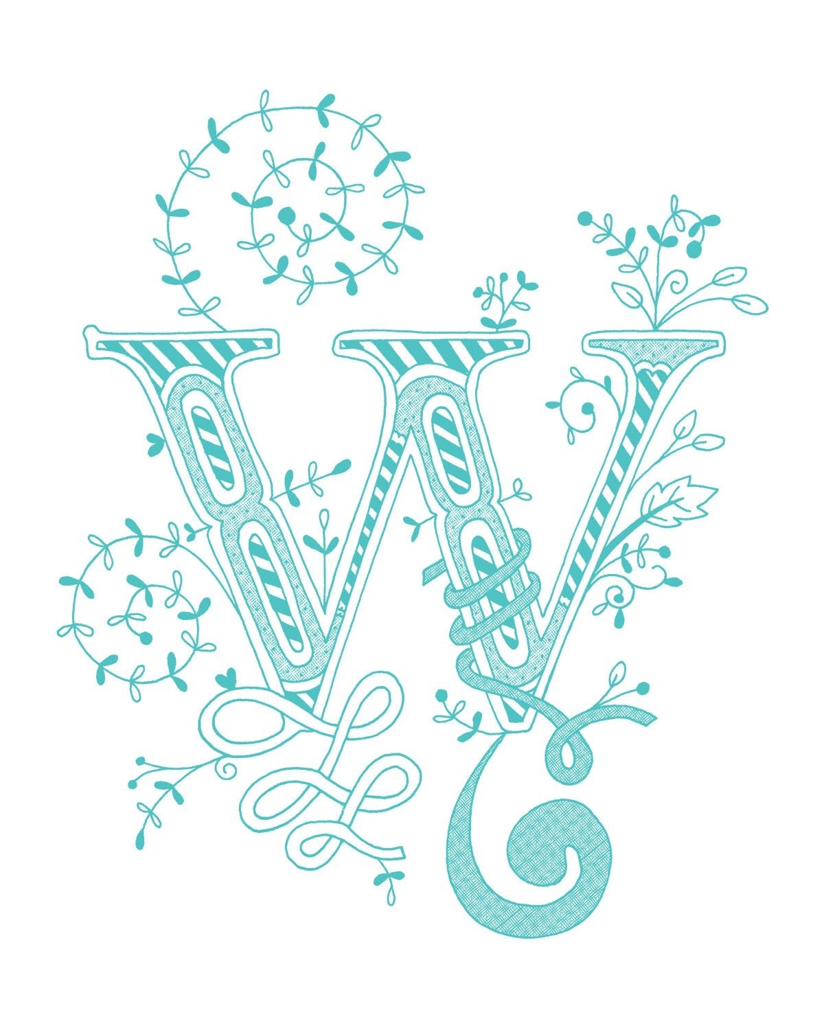 Hand drawn monogrammed print, 8x10, the Letter W, in the color blue