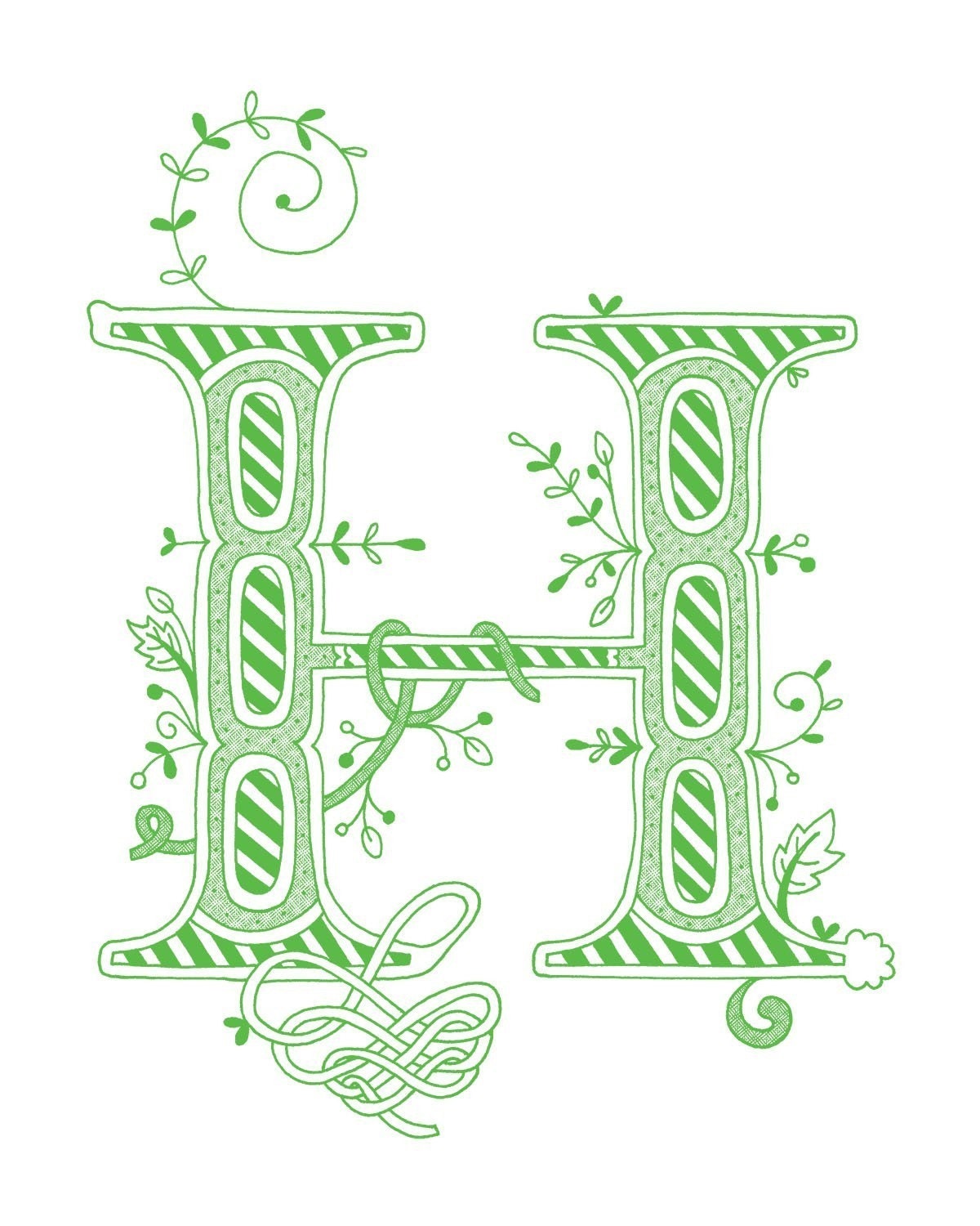 Hand drawn monogrammed print, 8x10, the Letter H, in the color green