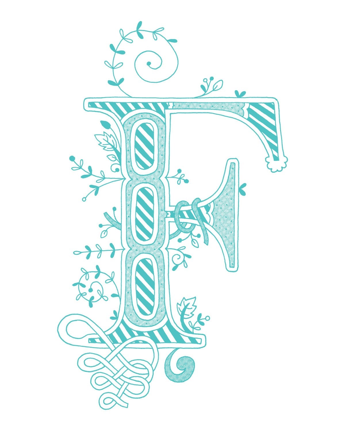 Hand drawn monogrammed print, 8x10, the Letter F, in the color blue