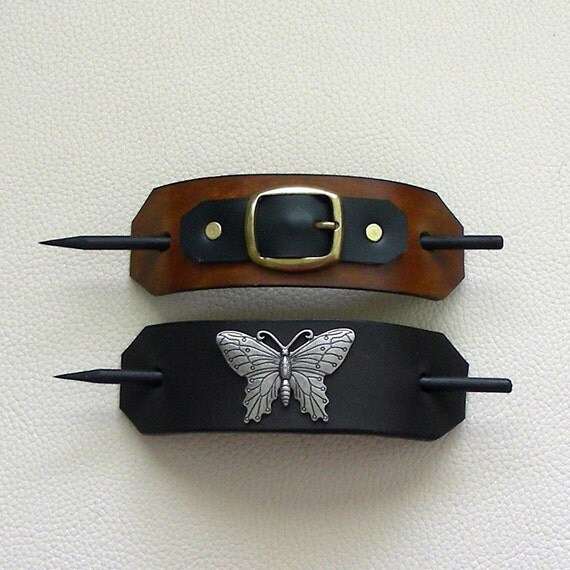 Items similar to Retro Style Leather Hair Barrettes with Sticks on Etsy