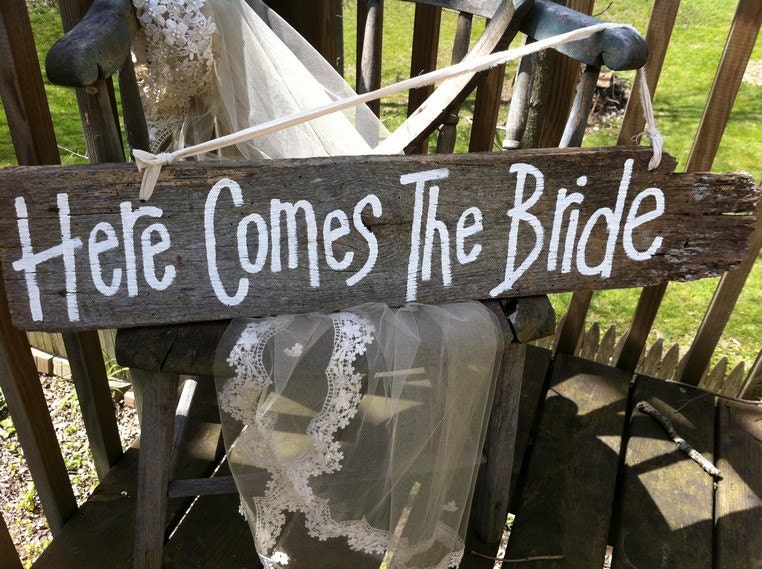 Here Comes the Bride Just Married sign salvaged barn wood reversible