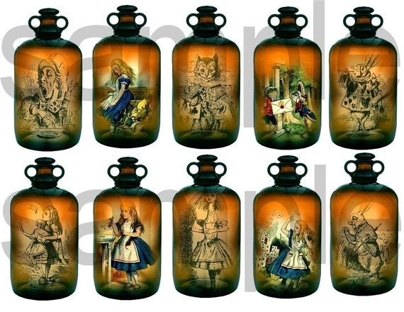 Alice in Wonderland in a Bottle....Antique Medicine Bottle with 10 views Inside....Unique OOAK Digital Collage Sheet