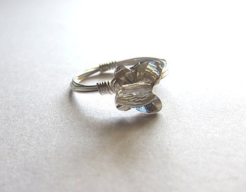 Custom Grey Swarovski Crystal Butterfly With Silver Wire Wrapped Ring Elegant Feminine Simple