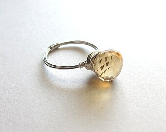 Custom Golden Champagne Quartz With Silver Wire Wrapped Ring Any Size Gemstone Simple Elegant