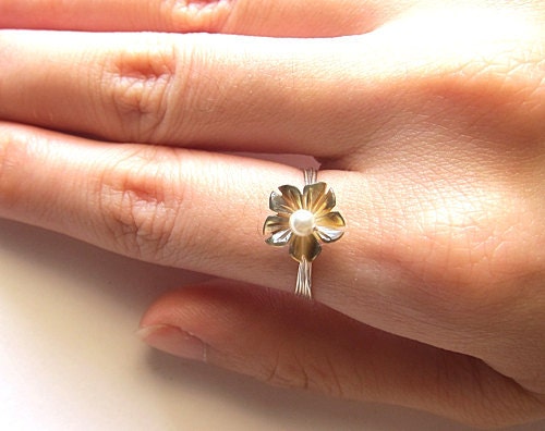 Custom Carved Mother Of Pearl Flower With Silver Wire Wrapped Ring Elegant Simple Sculpture