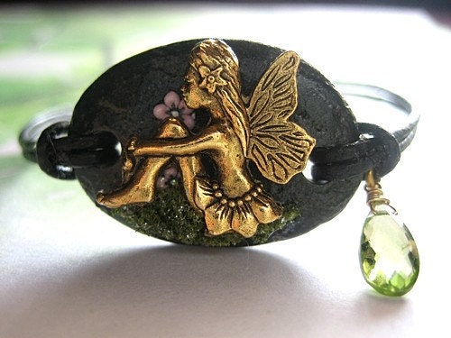 Peridot Fairy Bracelet Fae Faerie Fantasy Stone Black Fairytale Jewelry Leather Focal Flowers Unique One of a Kind Chic Accessory