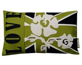 SAMPLE SALE ITEM.  Green, black and white retangular Love and Rambling Roses Union Jack cushion/pillow  Appliqued felt