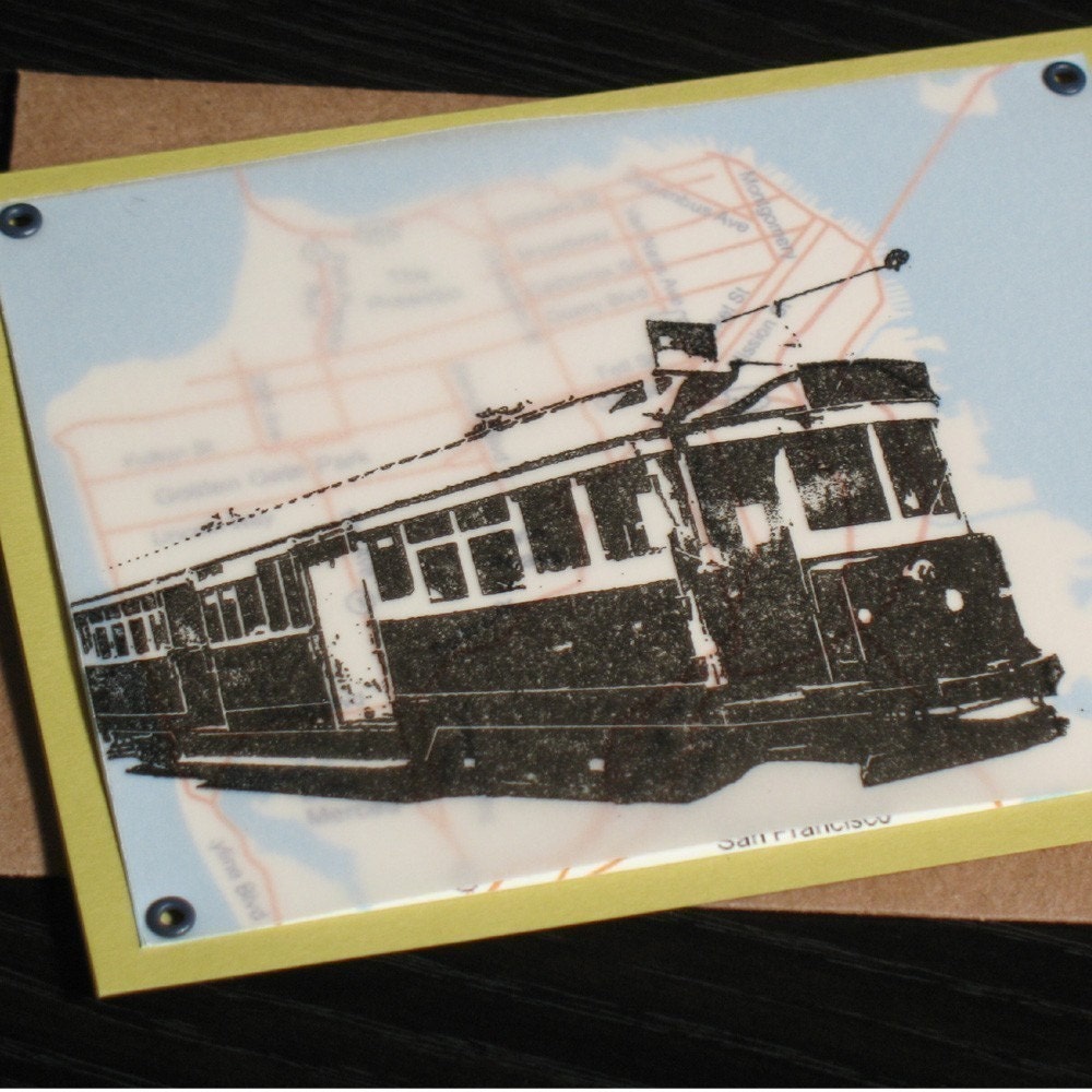 San Francisco Map and Trolley - Gocco Screen-Printed Card with Vellum