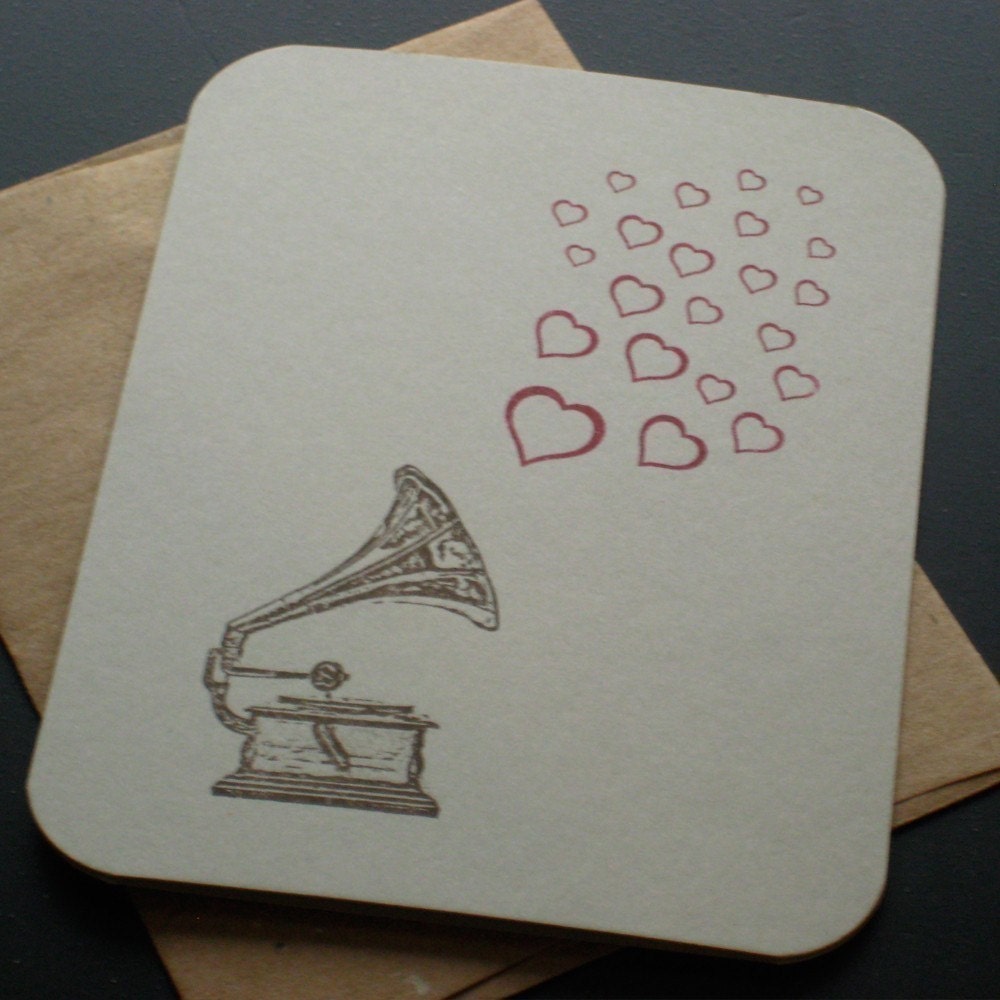Record Player and Hearts - Gocco Screen-Printed Card