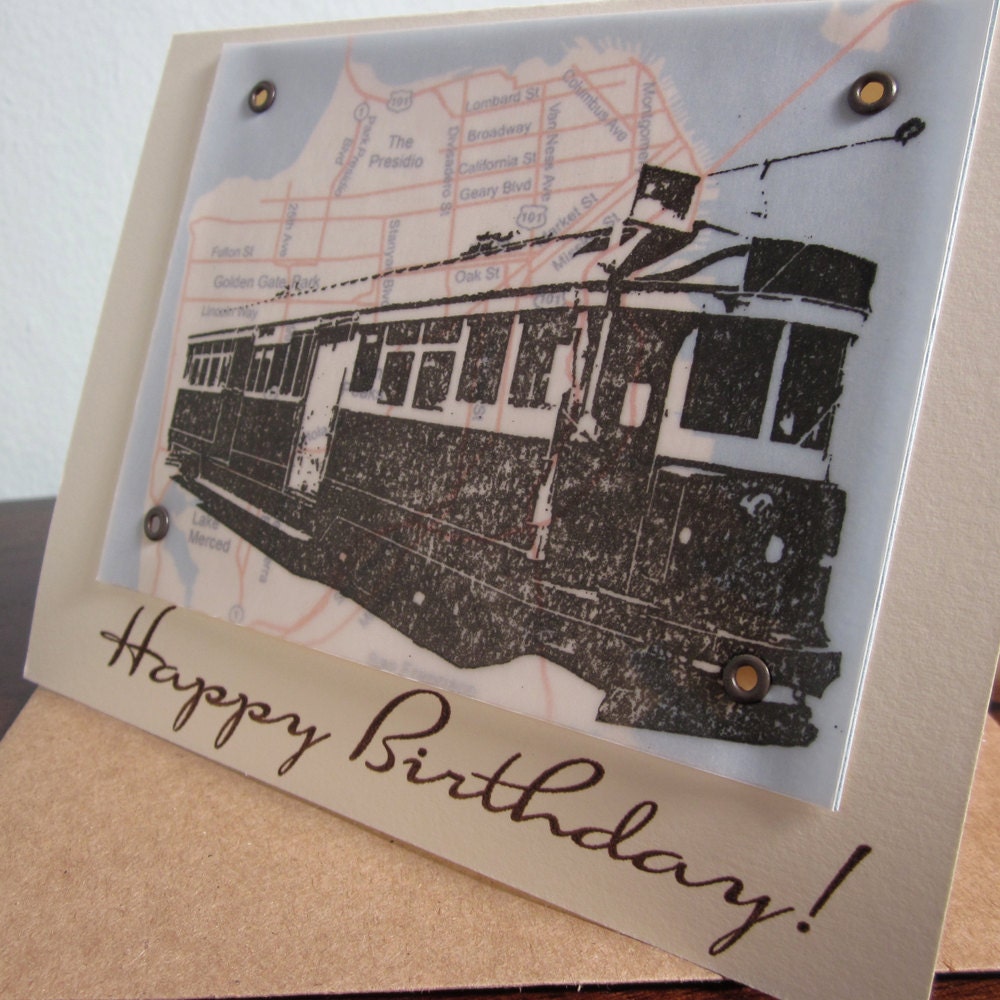 San Francisco Trolley and Map Birthday Card - Gocco Screen-Printed Vellum Card